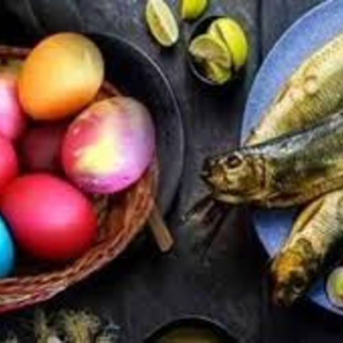 colored eggs and salted fish